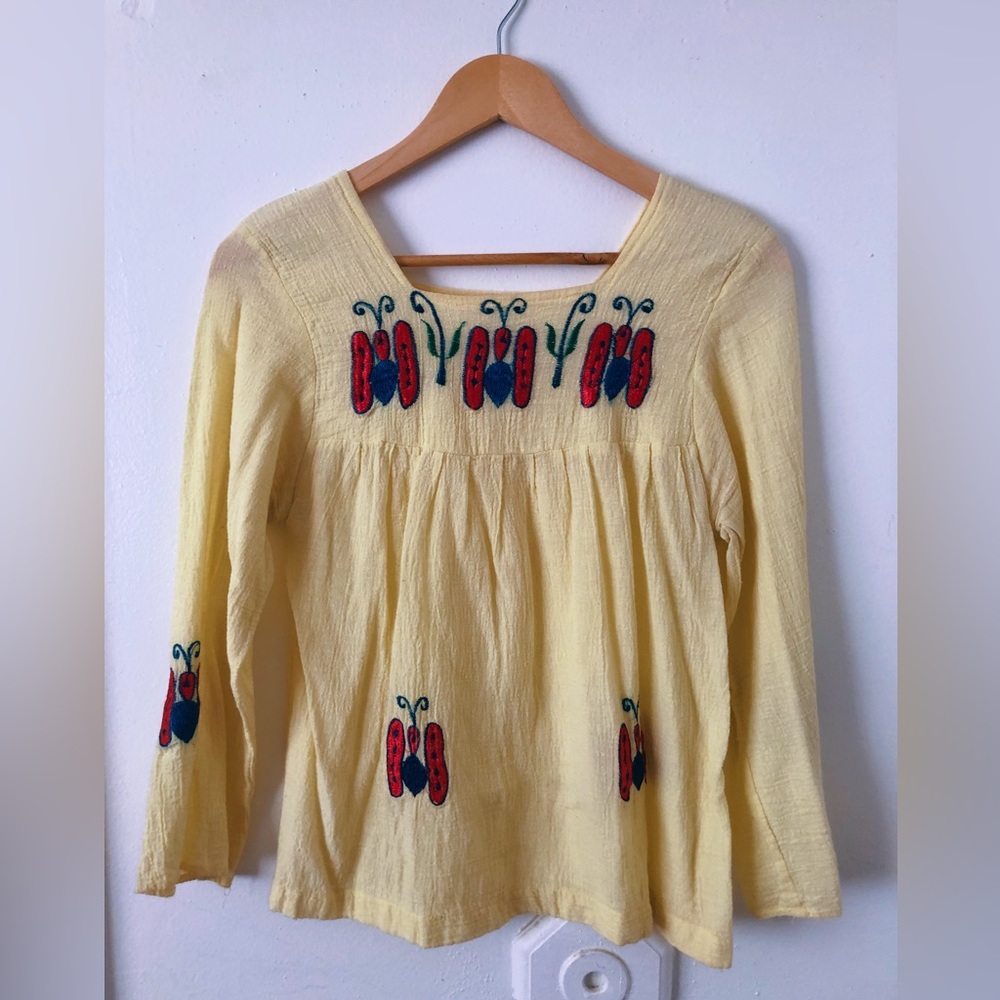 Vintage 60s Indian Cotton Gauze Blouse with Embroidered Butterflies